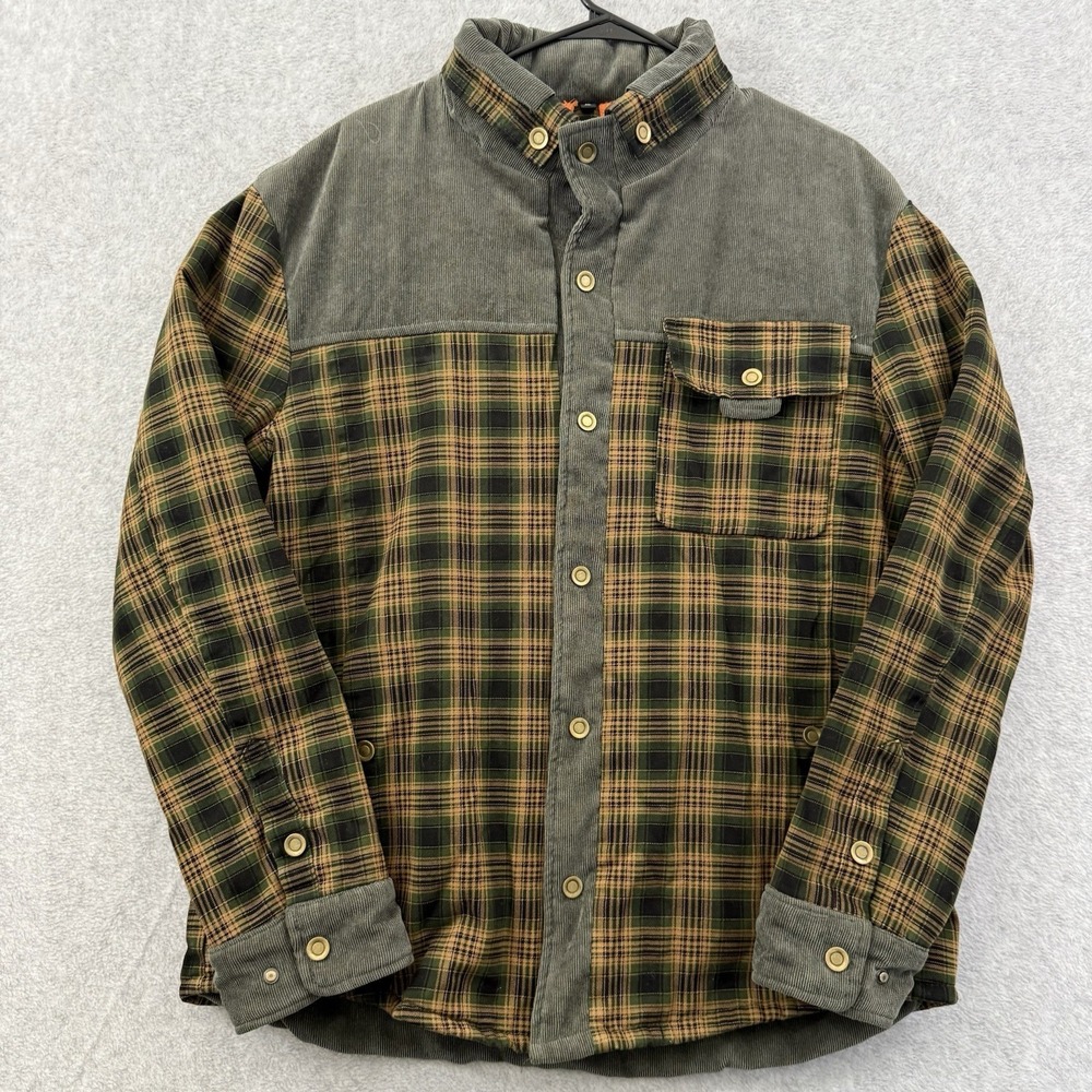 Corduroy‎ Flannel Jacket Men's L/XL Brown Gray Plaid Snap Faux Fur Lined Rugged